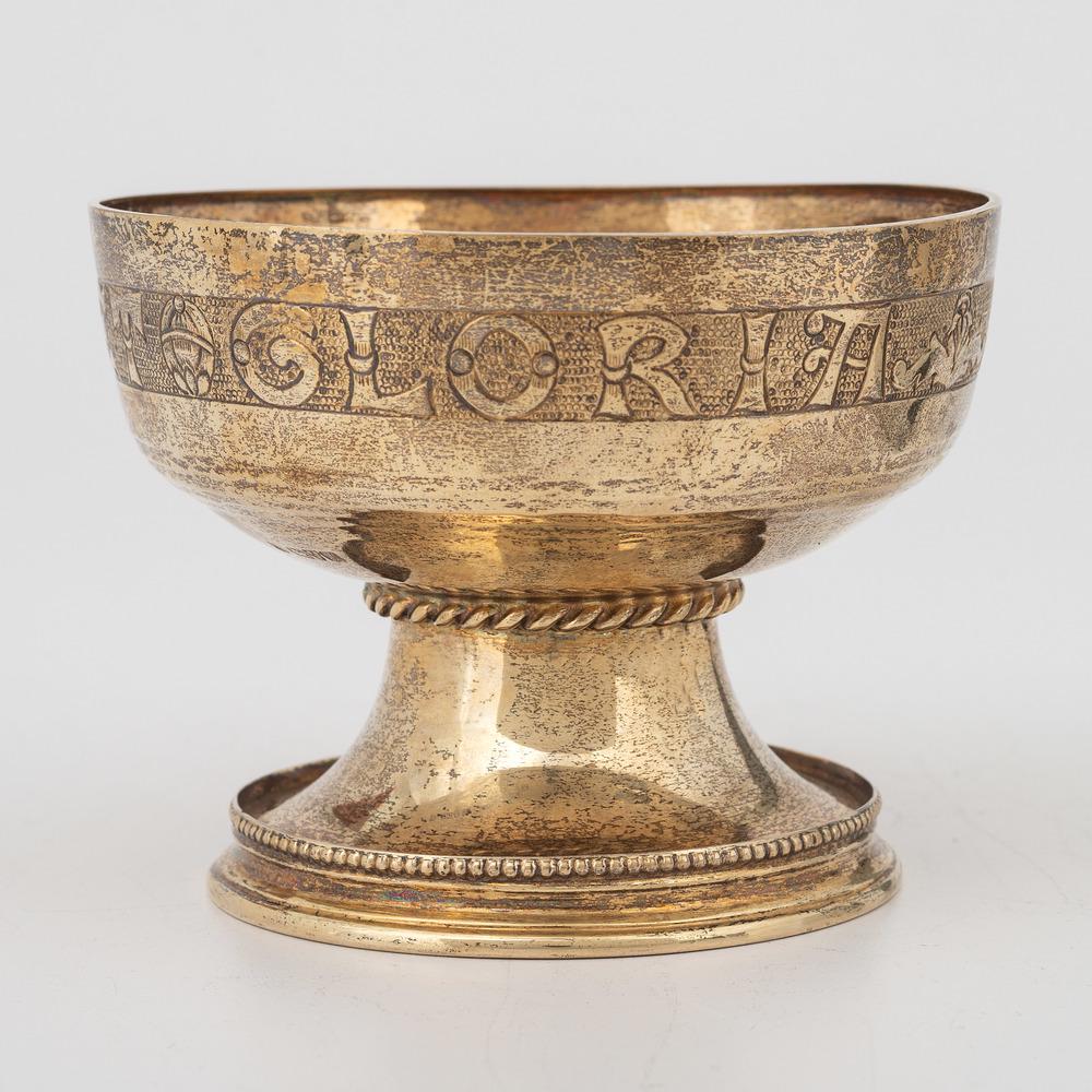 English Silver Gilt Chalice: English Silver Gilt Chalice English (Chester), ca 1912. A silver gilt chalice by George Nathan & Ridley Hayes, with hammered surface and full hallmarks to side; ht. 3.75, dia. 5 in., total wt. 9.28ozt