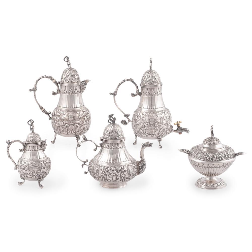 Dutch .833 Silver Tea and Chocolate Service by Alte de: Dutch .833 Silver Tea and Chocolate Service by Alte de Groot Boersma Dutch, ca 1875-1909. An .833 silver five-piece tea and chocolate service by Alte de Groot Boersma including a teapot, chocolate pot