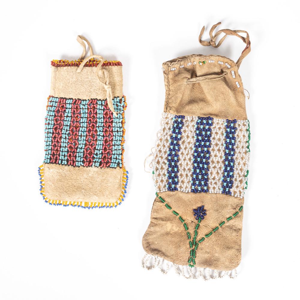 Menomenee Beaded Hide Pouches: lot of 2, includes length 7 in. x width 3 in., AND length 4.75 in. x width 2.75 in. ca 1900 Provenance: From the Stanley B. Slocum Collection, Minnesota