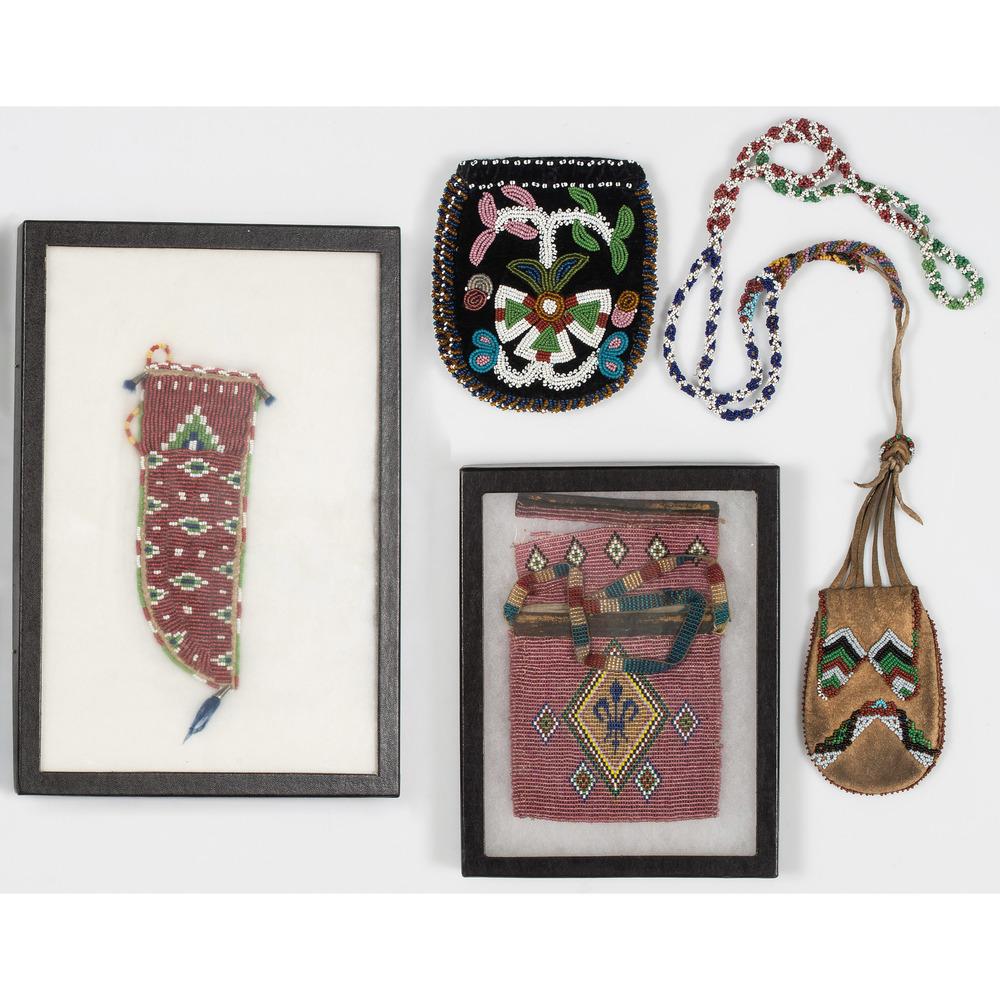Collection of Western Great Lakes Pouches, PLUS Sioux: lot of 4, includes a thread-sewn Sioux beaded knife sheath beaded in colors of red, green, blue, and white, length 6.75 in.; PLUS a thread-sewn on hide Sac and Fox medicine bag beaded in colors o