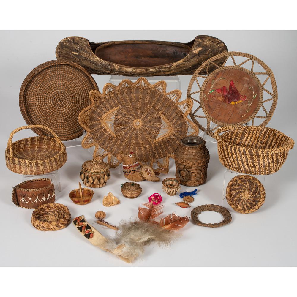 Assorted Eastern Woodlands Baskets, PLUS: lot of 25, includes baskets, single moccasins, pairs of moccasins, beadwork, and other trinkets second half 20th century