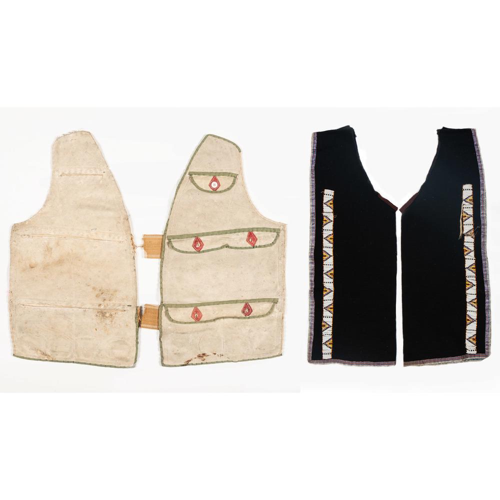 Plains Leggings and Vest: lot of 2, includes men's leggings beaded in colors of white, yellow, orange, light blue, and black, length 34 in. x width 12 in.; AND hide vest with red and green details, length 16.5 in. x width 19.