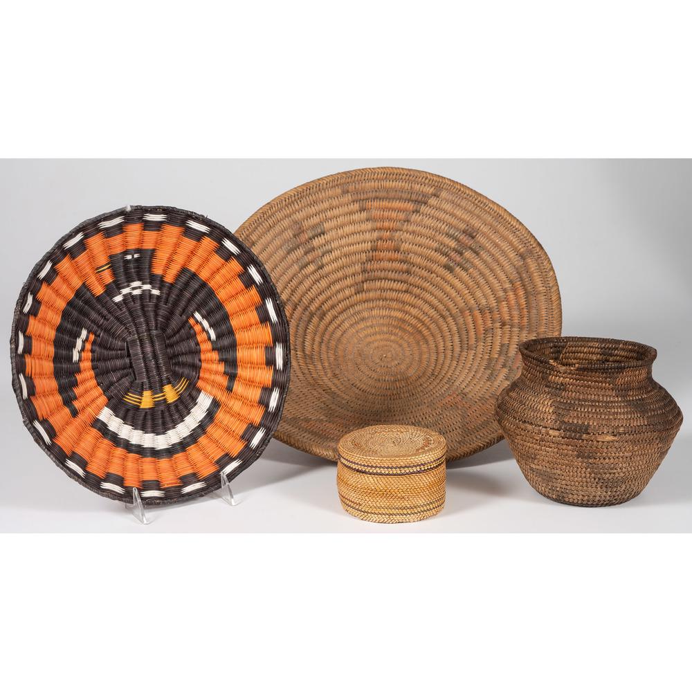 Assortment of Baskets: lot of 4, includes lidded Makah basket, height 2.75 in. x diameter 4 in.; PLUS Nigerian Hausa basket, height 4.75 in. x diameter 16 in.; PLUS southwestern flare rim basket, height 5.75 in. x diameter 