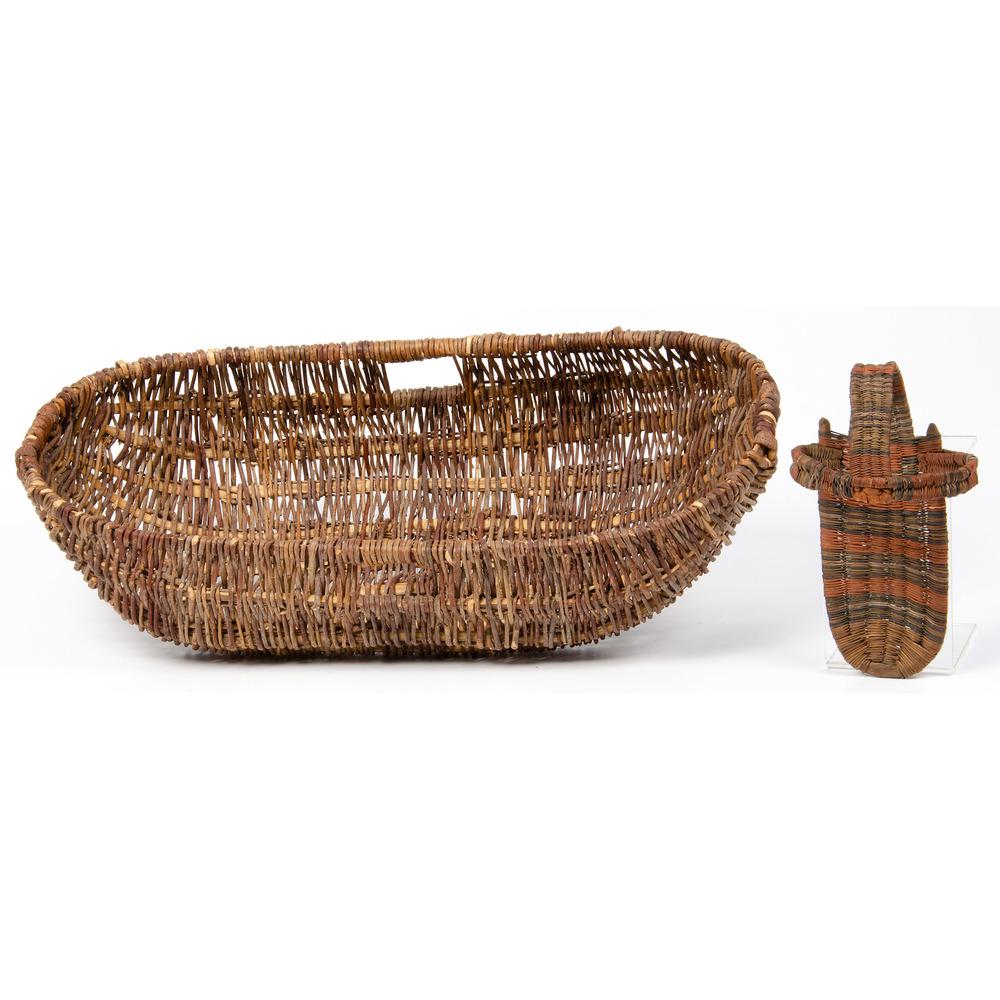 Hopi and Pueblo Basketry Cradles: lot of 2, includes a wicker cradle in bassinet form, 25.5 in. 12 in.; AND a Hopi cradle, length 10.5 in. x width 5.5 in. 20th century Provenance: From The Harriet and Seymour Koenig Collection, New Yo