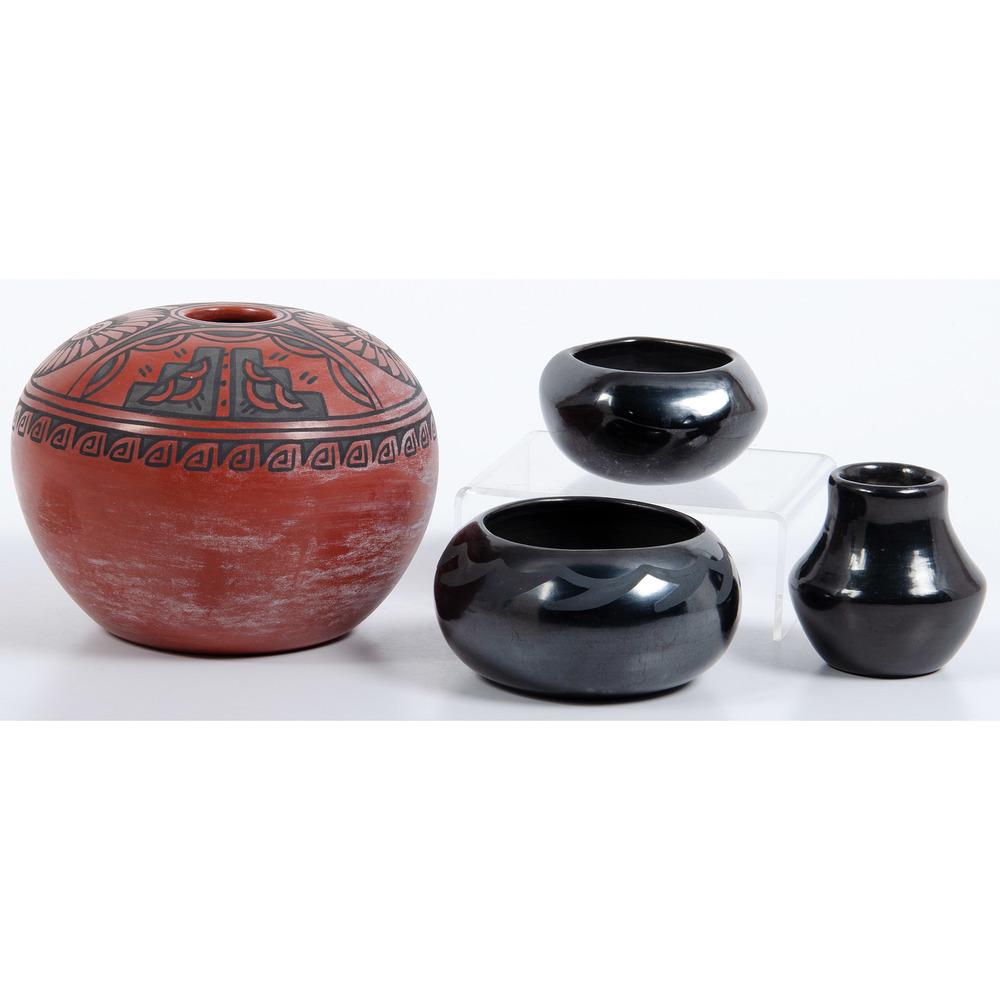 Minnie Vigil (Santa Clara, b. 1931) Pottery Jars, PLUS: lot of 4, includes redware jar by Minnie Vigil, black and grey geometric design, small circular opening; signed on base, height 5 in. x diameter 6.5 in.; PLUS small blackware vase by Minnie Vigil; sig