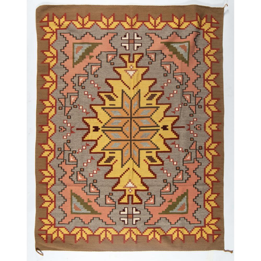 Navajo Regional Weaving / Rug: tightly woven using colors of tan, red, yellow, gray, pea green, and maroon; 54.5 in. x 70.5 in. second quarter 20th century Provenance: From the Robert B. Riley Collection, Illinois