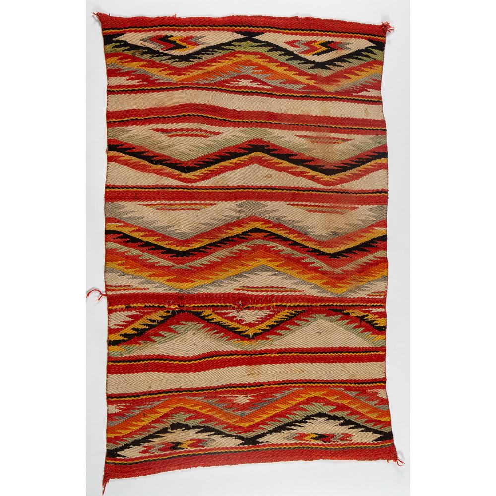 Navajo Double Saddle Blanket: linear geometric pattern woven in colors of cream, orange, red, yellow, green, blue, and black, 50 x 34 in. early 20th century
