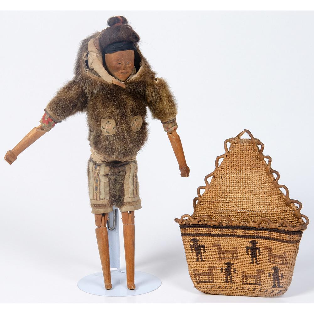 Greenlandic Inuit Doll, PLUS: lot of 2, includes Greenlandic Inuit doll in fur coat; height 14.5 in.; AND a Salish basket, 7 x 8.75 in. early 20th century Provenance: From The Harriet and Seymour Koenig Collection, New York
