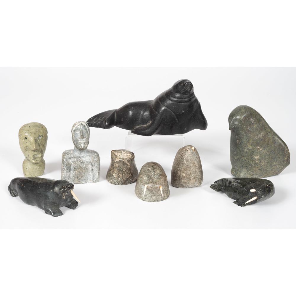 Peter Sala (Inuit, b. 1900) Stone Carving, PLUS: lot of 9, includes walrus stone carving by Peter Sala, missing one bone tusk, signed with disc number on base, height 1.5 in. x length 4 in. x width 1.5 in.; PLUS seal stone carving, signed illegibly