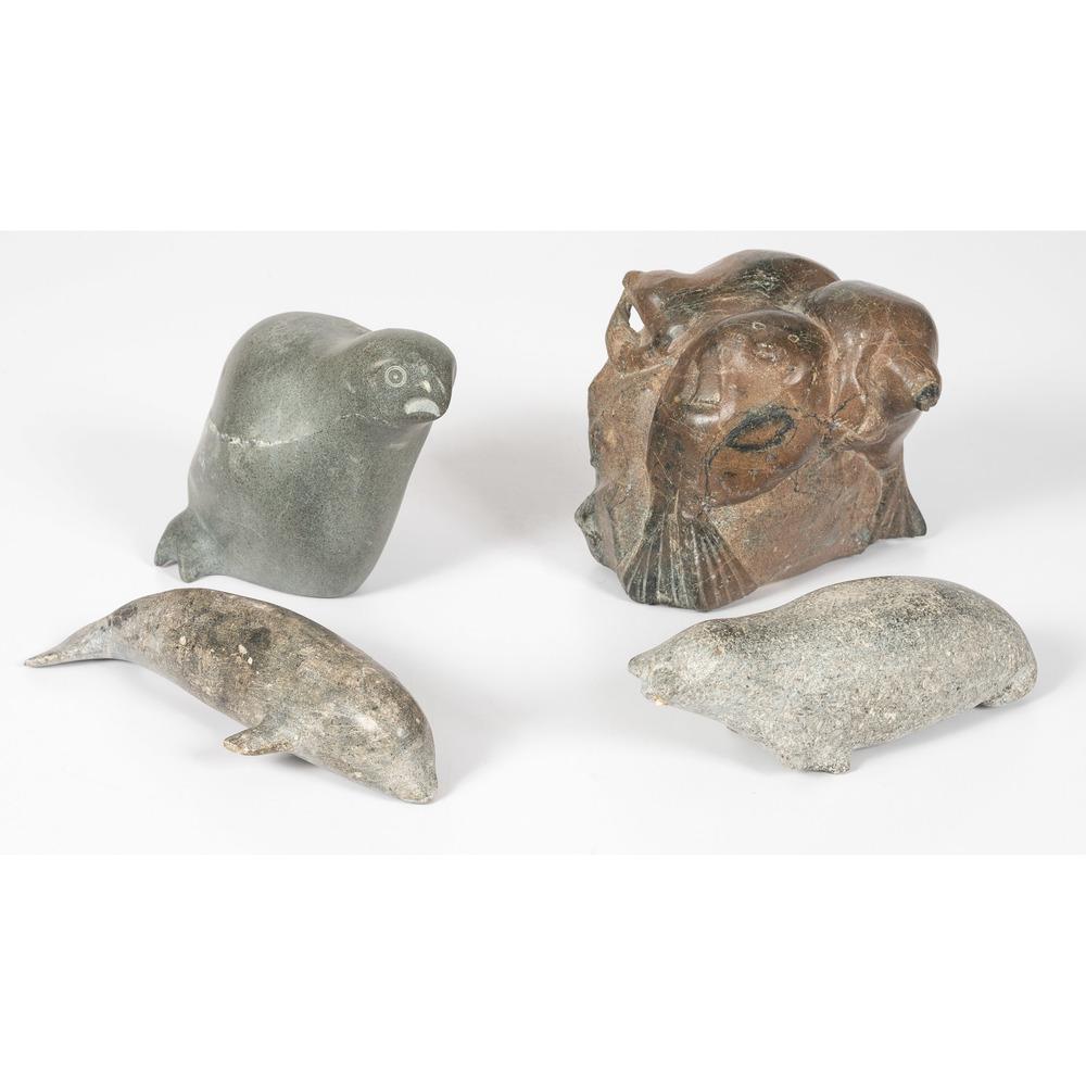 Allie Appaqaq (Inuit, 1915-1986) Stone Carving, PLUS: lot of 4, includes stone carving of a ptarmigan by Allie Appaqaq, retirements of Canadian Eskimo art sticker, signed on base, height 4.5 in. x length 6.5 in. x width 4 in.; PLUS stone carving of three
