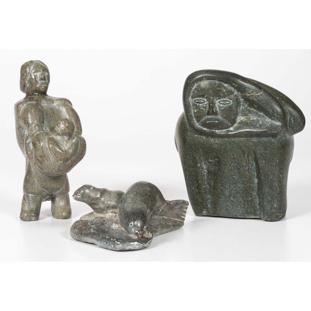 Alexina Natar Panana Nanordluk (Inuit, b.1943) Stone: lot of 3, includes stone carving of mother holding child by Alexina Natar Panana Nanordluk, Canadian Eskimo art sticker on base, signed on sticker on base, height 6.75 in. x length 4.5 in. x width 2.