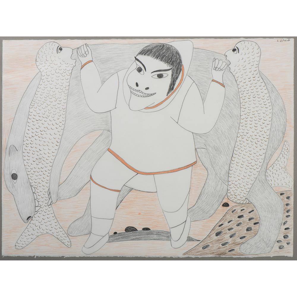 Victoria Mamnguqsualuq (Inuit, 1930-2016) Colored: untitled, possibly depicting Kiviuq signed upper right (sight) 22 x 29.5 in.; (framed) 30 x 37.5 in. n.d. Provenance: From the William Rose Collection, Illinois