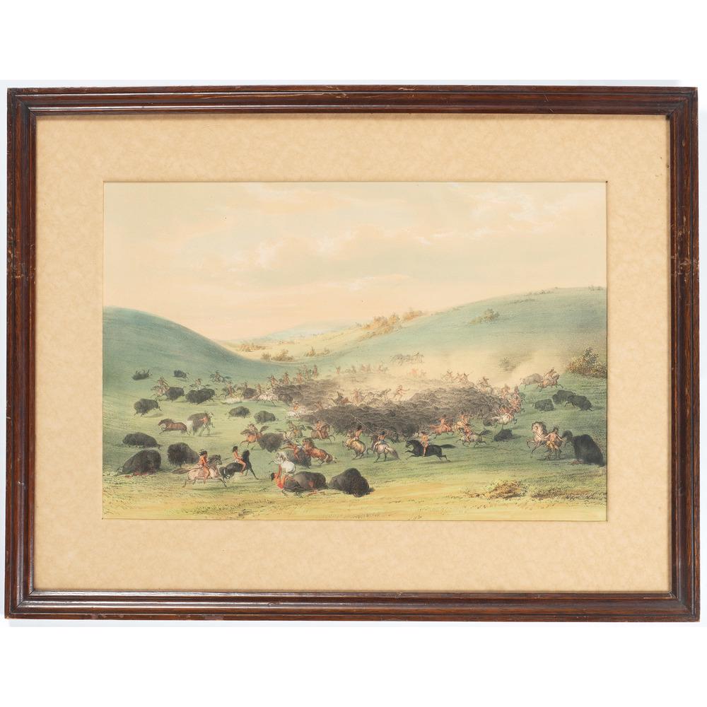George Catlin (American, 1796-1872) Lithograph on Paper: Buffalo Hunt, Surround not signed (sight) 17 x 11.5 in.; (framed) 23.5 x 18 in. n.d. (ca. 1832)