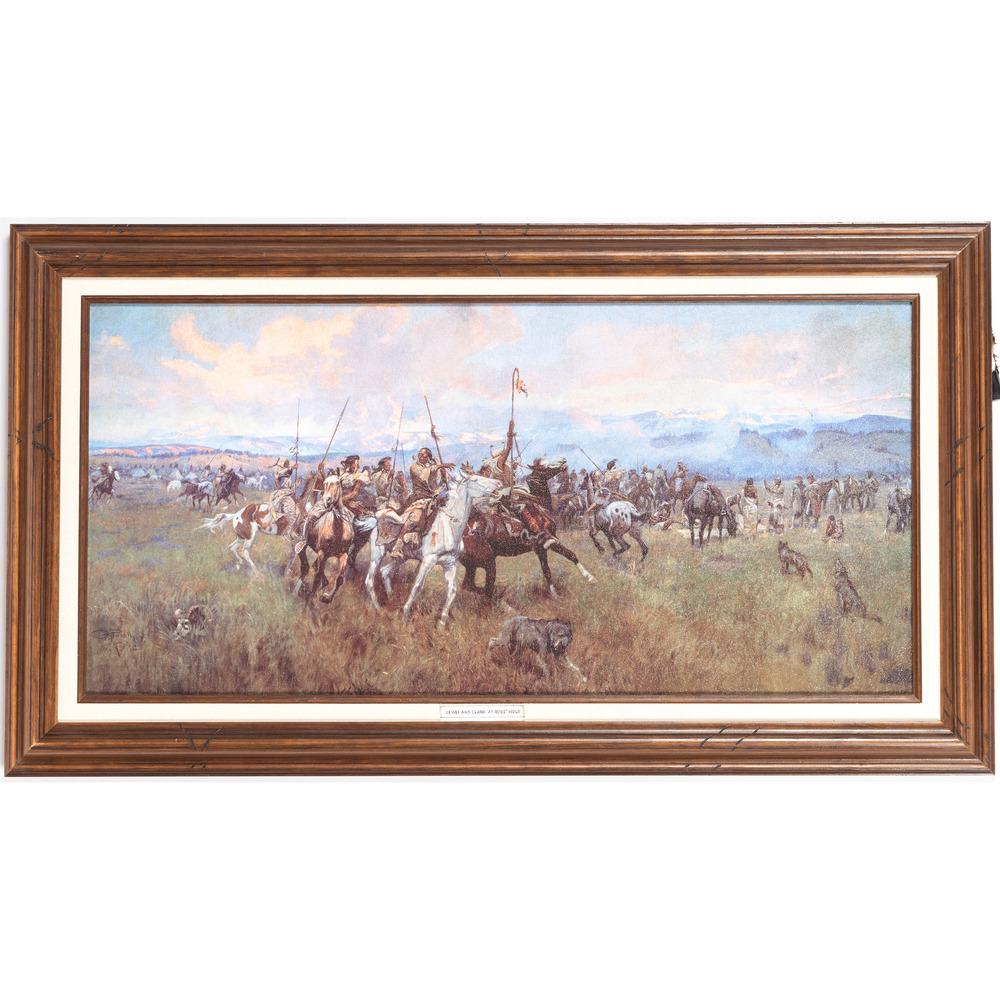 Charles M. Russell (American, 1864-1926) Textured: Lewis and Clark at Ross' Hole titled on label center bottom (sight) 28.75 x 13.5 in.; (framed) 34.75 x 19.5 in. 1912 Provenance: From the James B. Scoville Collection, Illinois