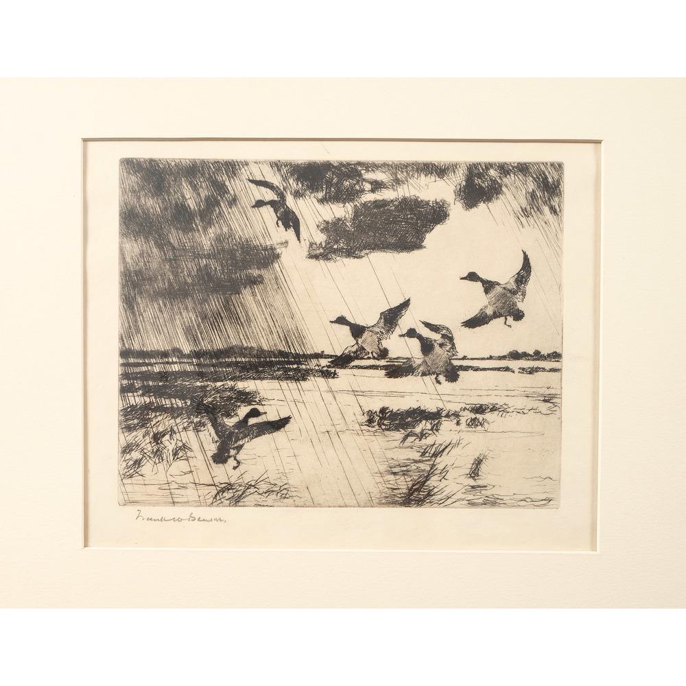 Frank W. Benson (American, 1862-1951) Etchings on Paper: lot of 3, includes: Hovering Geese signed lower left (image) 10.75 x 13.75 in.; (paper) 14 x 17.25 in. 1922 Baldpates signed lower left (image) 9.75 x 7.75 in.; (paper) 12.75 x 11.25 in. 1924 Ra