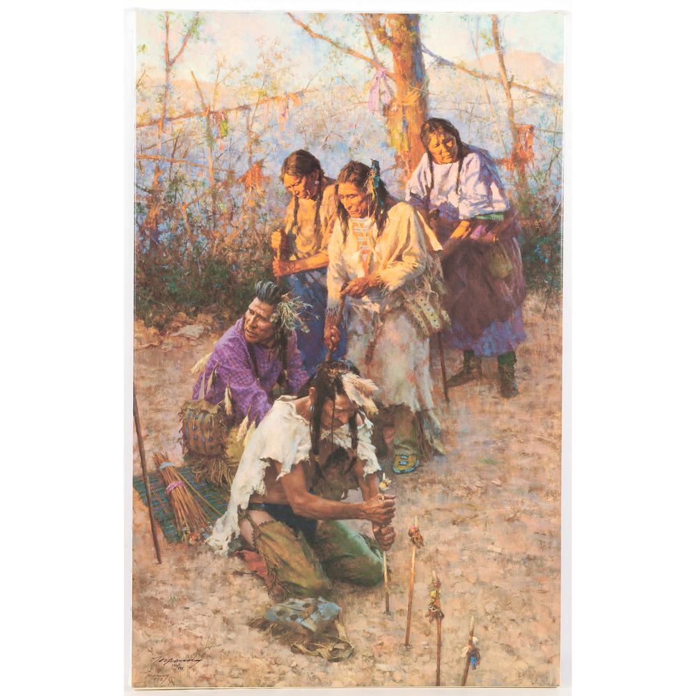 Howard Terpning (American, b. 1927) Open Edition Print: Offerings to the Little People signed bottom left, dated bottom left 22.25 x 35.25 in. 1998 Provenance: From the James B. Scoville Collection, Illinois