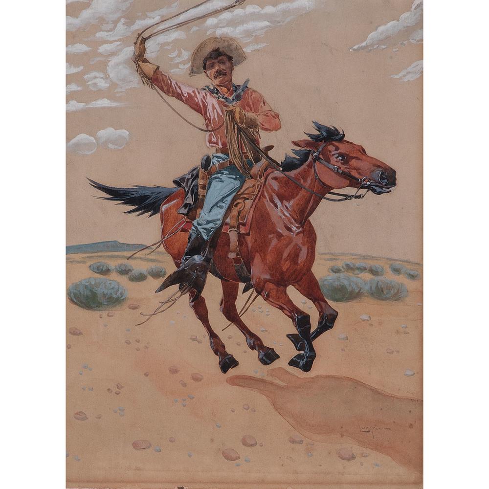 Fernand Harvey Lungren (American, 1857-1932) Watercolor: Cowboy Roping signed lower right (sight) 10 x 13.5 in.; (framed) 16.5 x 20.5 in. n.d.