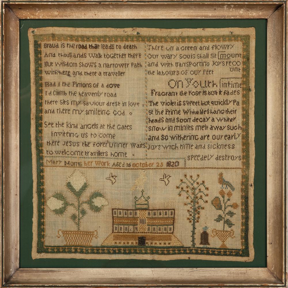 A Pictorial Embroidered Needlework Sampler: A Pictorial Embroidered Needlework Sampler 1820 signed Mary Morris her work Aged 16 October 25 1820. 12 1/2 x 12 1/4 inches. Property from the Collection of Judith & Gary Gay, Morrow, Ohio