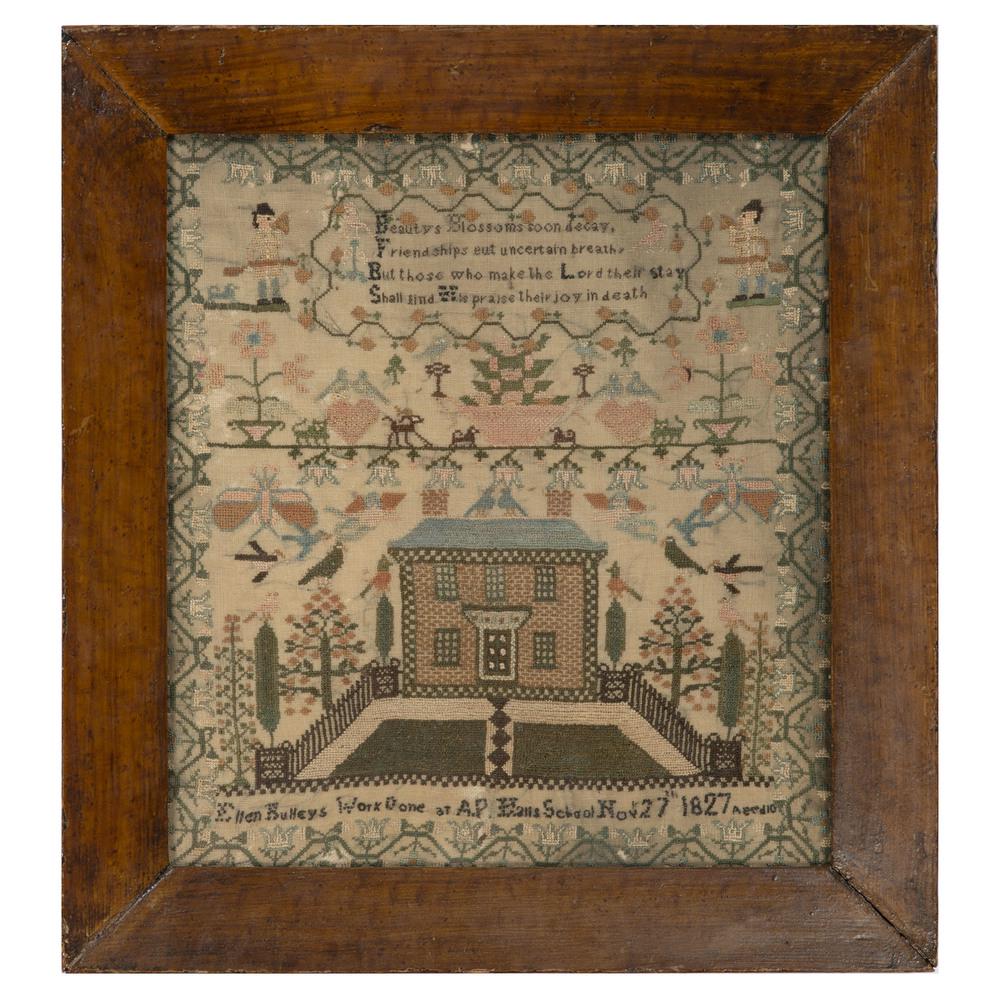 An English Pictorial Embroidered Needlework Sampler: An English Pictorial Embroidered Needlework Sampler 1827 signed Ellen Bulleys Work Done at A.P. Hans School Nov 27 1827 Aged 10. 11 1/2 x 10 1/2 inches. Property from the Collection of Judith & Gary