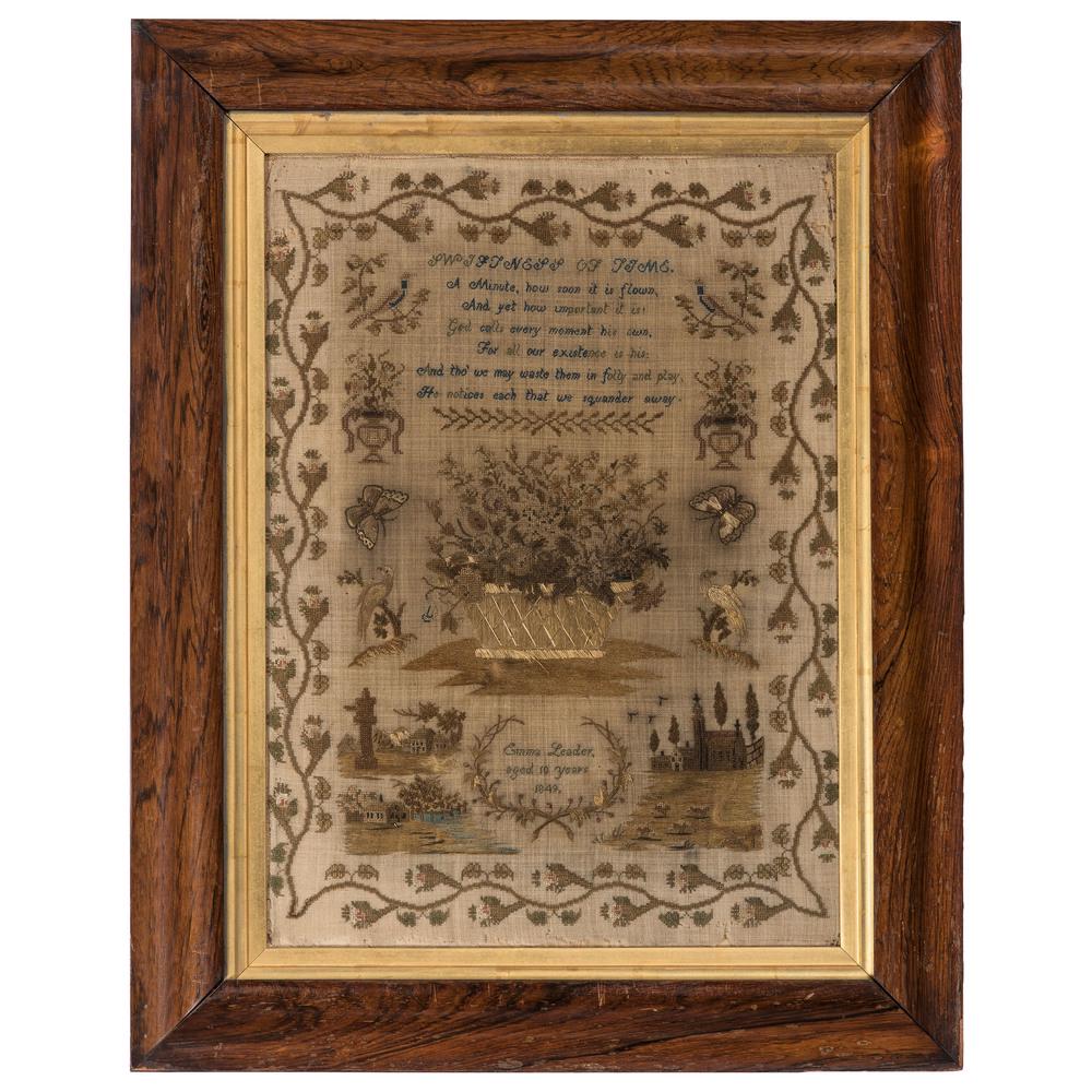 An English Silk and Linen Embroidered Needlework: An English Silk and Linen Embroidered Needlework Sampler 1849 signed Emma Leader aged 10 years 1849. 17 3/4 x 12 3/4 inches.