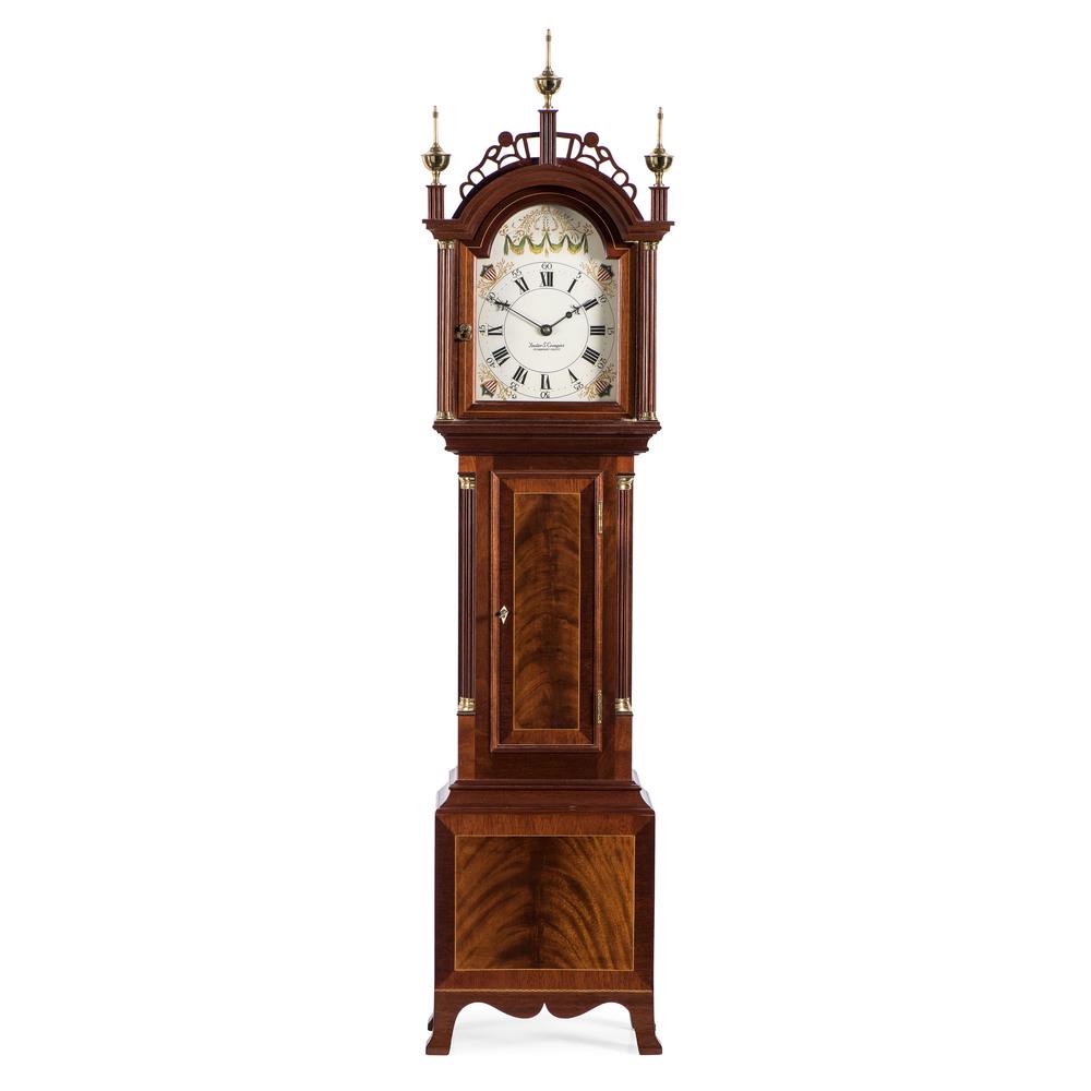 A Federal Style Brass-Mounted Figured Mahogany: A Federal Style Brass-Mounted Figured Mahogany Granddaughter Clock Foster S. Campos (1926-2007), Pembroke, Massachusetts stamped on case interior and signed on dial. Height 51 inches.