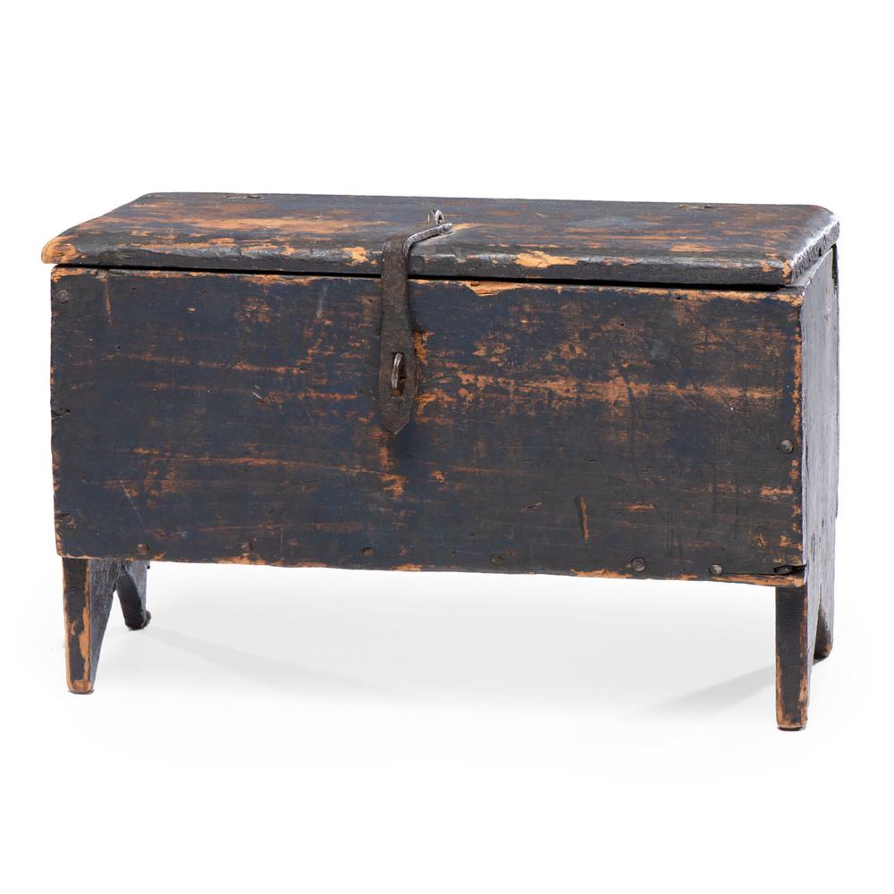 A Federal Iron-Mounted Blue-Painted Pine Miniature: A Federal Iron-Mounted Blue-Painted Pine Miniature Blanket Chest Early 19th Century Height 8 1/2 x width 13 x depth 6 inches. Property from the Collection of Judith & Gary Gay, Morrow, Ohio