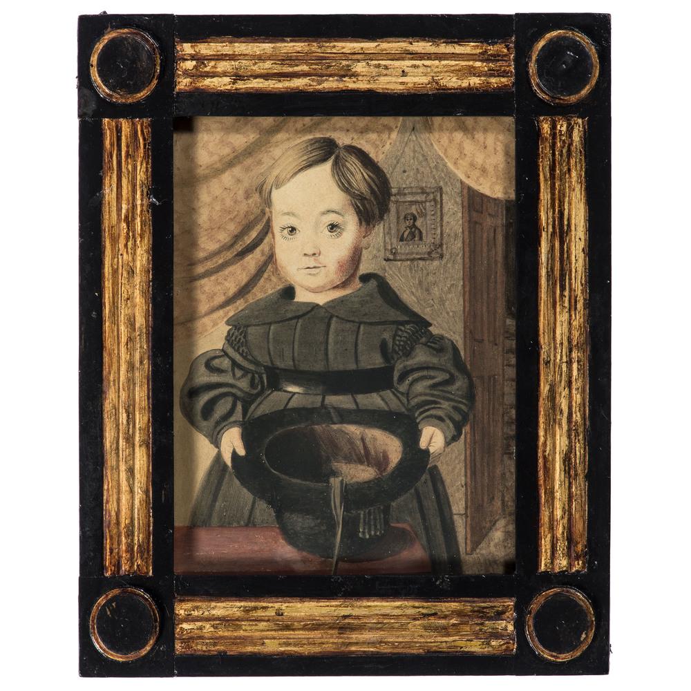 An Tennessee Portrait of a Child, Early 19th Century: An American Portrait of a Child, Early 19th Century Tennessee Portrait of a Child Purported to be named John Adamson 1815 watercolor on paper, in a painted and carved wood frame inscribed John Adamso