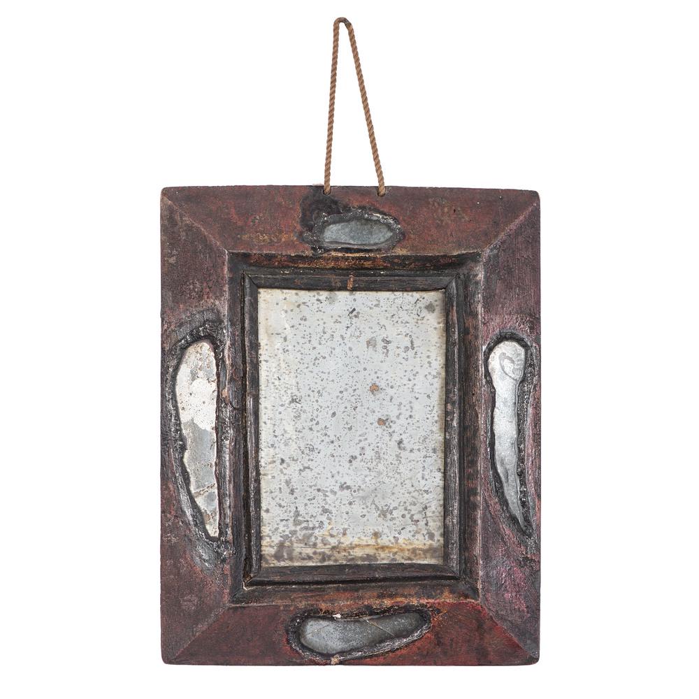 A Mirror-Inset Carved and Red-Painted Pine Hanging: A Mirror-Inset Carved and Red-Painted Pine Hanging Make-Do Mirror 19th Century Height 12 x width 9 3/4 inches. Property from the Collection of Judith & Gary Gay, Morrow, Ohio