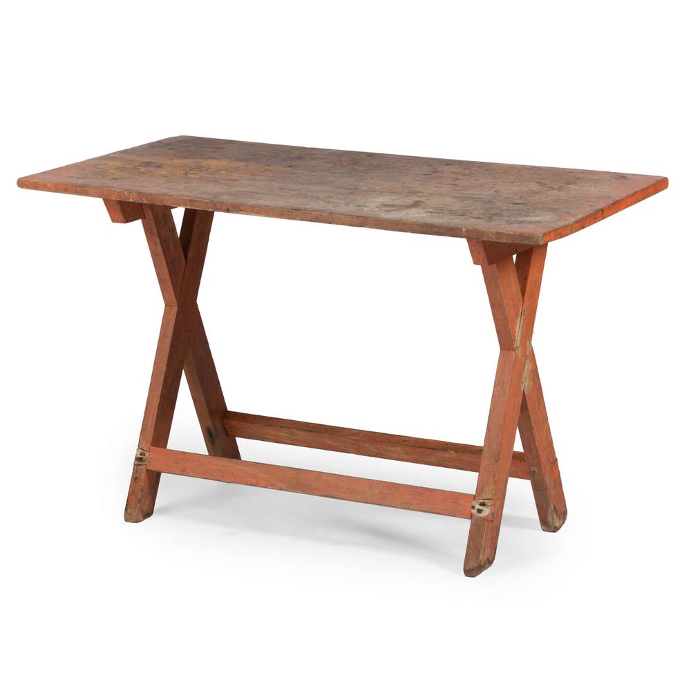 A Salmon-Painted Maple Saw Buck Table: A Salmon-Painted Maple Saw Buck Table New England, 19th Century single board top Height 28 x width 45 x depth 23 1/2 inches.