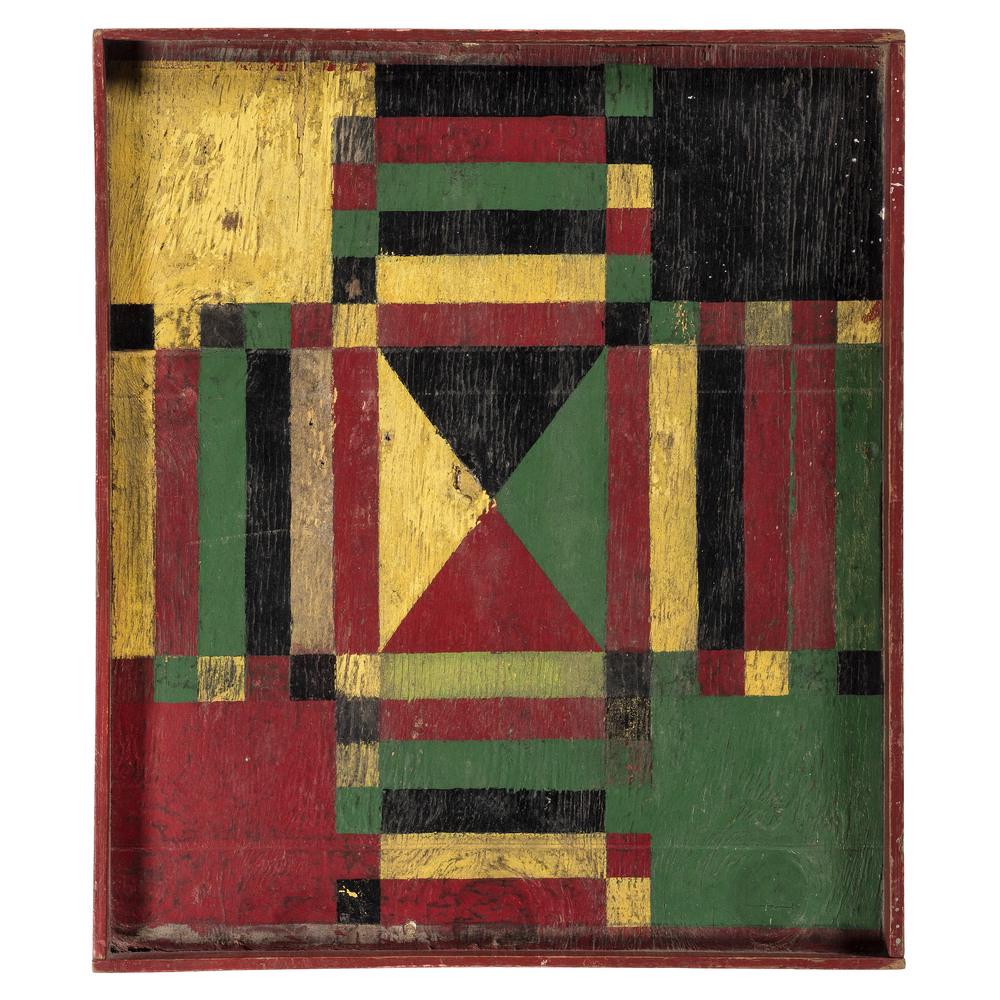 A Folk Art Parcheesi Board: A Folk Art Parcheesi Board Late 19th/Early 20th Century double-sided decoration. 18 x 20 3/4 inches.