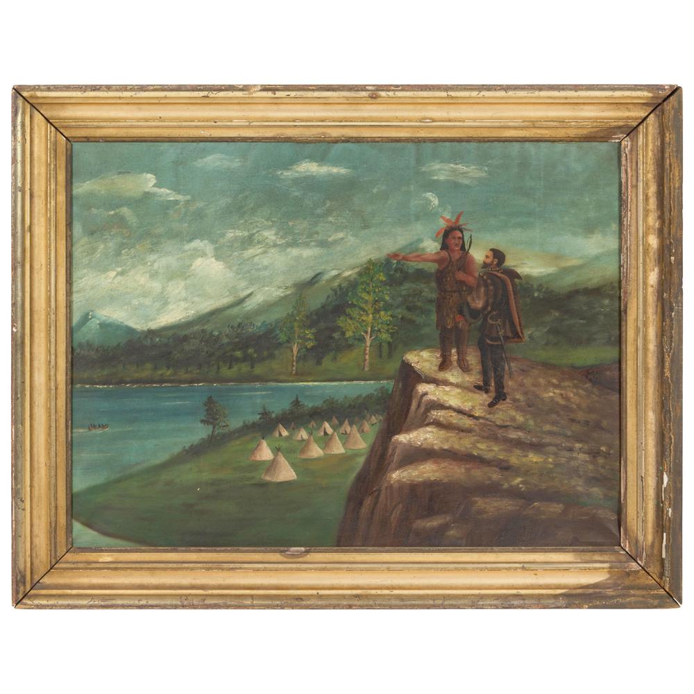 An American Folk Art Landscape, 19th Century: An American Folk Art Landscape, 19th Century Indian Encampment oil on canvas 18 1/4 x 24 1/2 inches. Property from the Collection of Michael and Janice Doniger, Chicago, Illinois