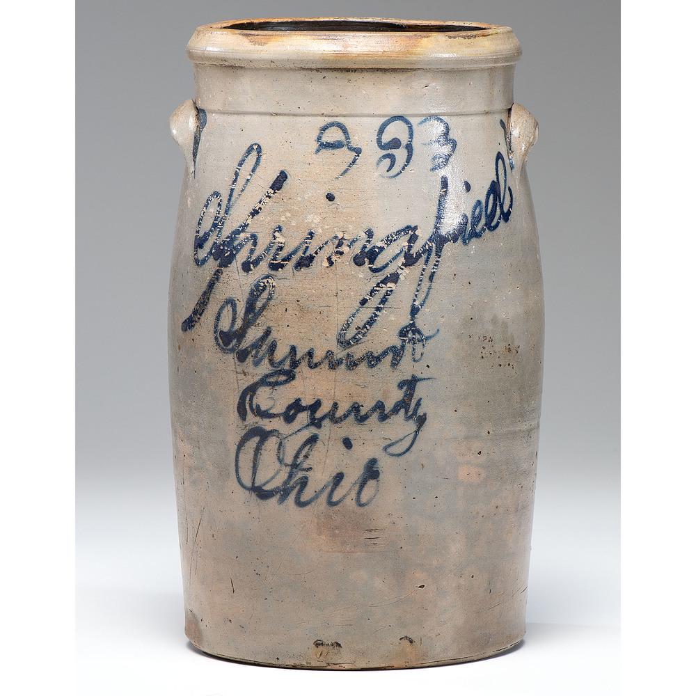 A Springfield, Ohio Three-Gallon Stoneware Crock: A Springfield, Ohio Three-Gallon Stoneware Crock Early 19th Century Height 15 inches. Provenance: Property from the Collection of Judith & Gary Gay, Morrow, Ohio
