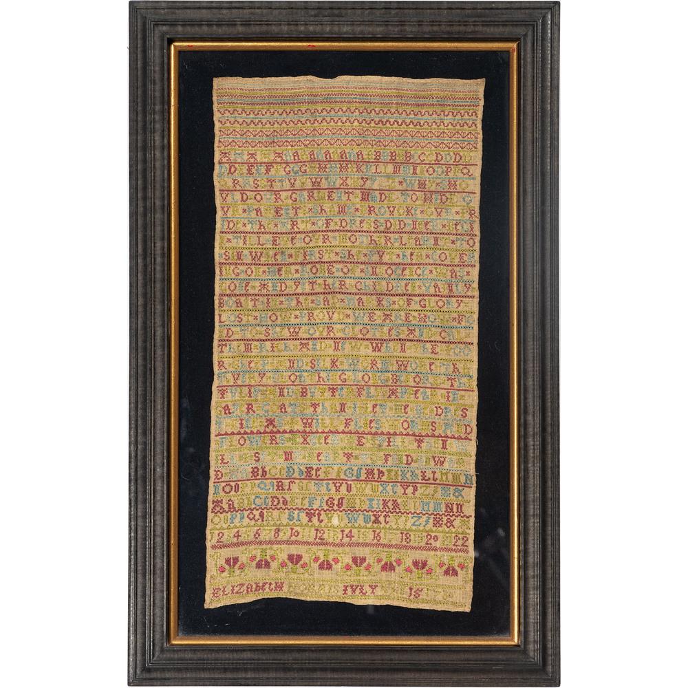 An English Alphabet and Verse Sampler: An English Alphabet and Verse Sampler Circa 1730 signed Elizabeth Norris and dated 1730. 16 1/2 x 8 1/2 inches. Provenance: Property from the Collection of Judith & Gary Gay, Morrow, Ohio