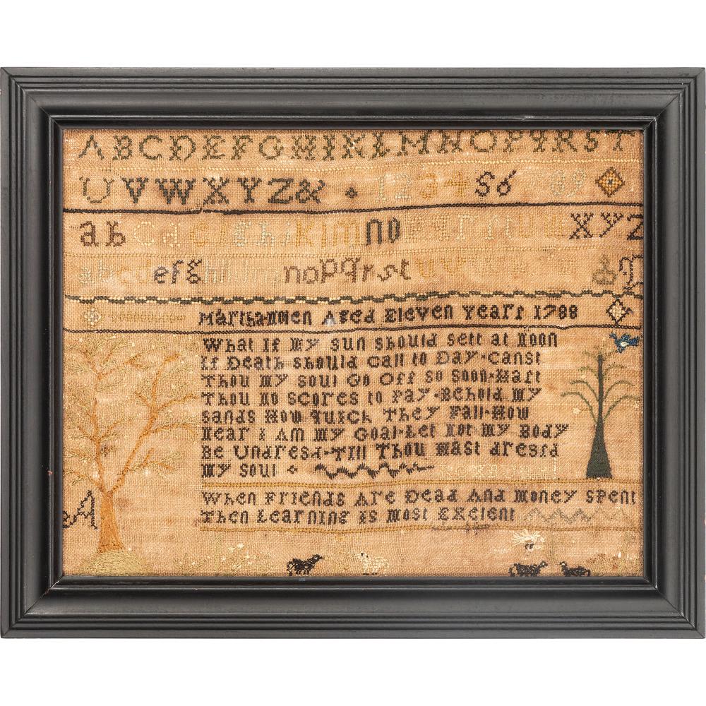 A Massachusetts Needlework Sampler: A Massachusetts Needlework Sampler Circa 1788 together with another pictorial sampler. Massachusetts sampler signed Martha Nmen. Nmen sampler 10 x 13 inches. Provenance: Property from the Collection o