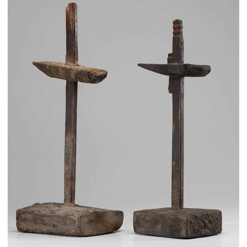 Two Early Wooden Lighting Stands: Two Early Wooden Lighting Stands 18th Century Height of larger 25 1/4 x width 9 x depth 8 inches. Provenance: Property from the Collection of Judith & Gary Gay, Morrow, Ohio