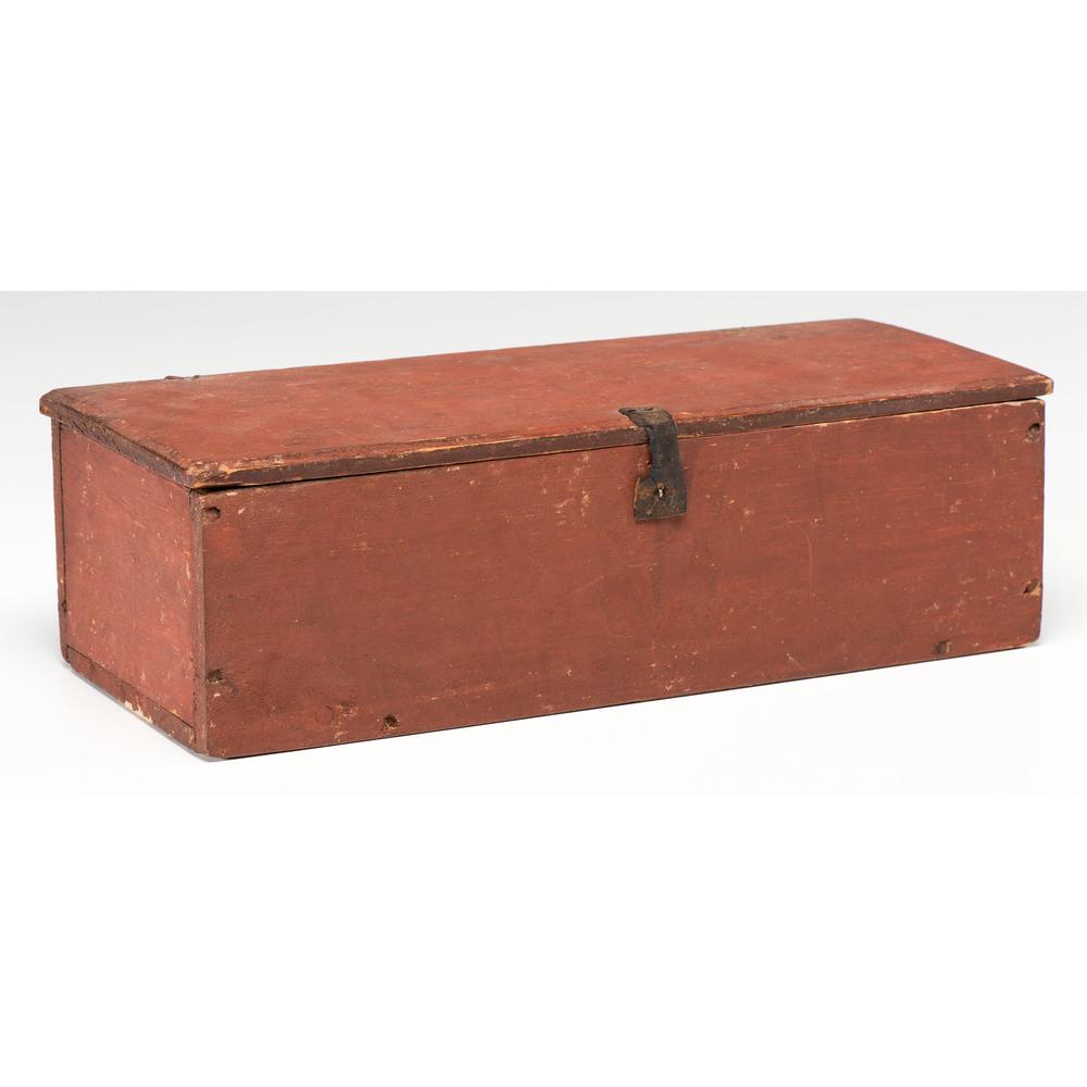 A Red-Painted Basswood Document Box: A Red-Painted Basswood Document Box Likely New England, 19th Century with square nails, snipe hinges and original paint. signed on the underside of the lid by Laura Jackman and dated 1822, as well as 