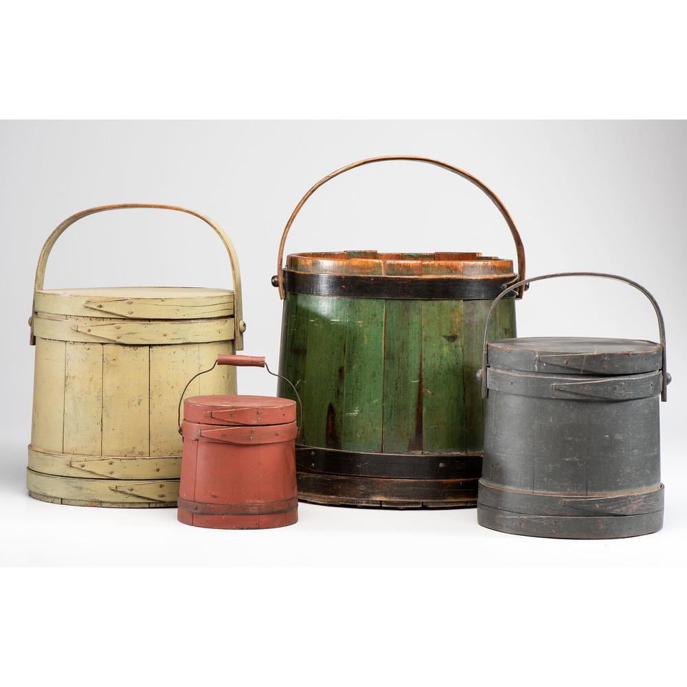 Four Painted Wooden Firkins: Four Painted Wooden Firkins 19th/20th Century Height of largest 14 1/8 inches.