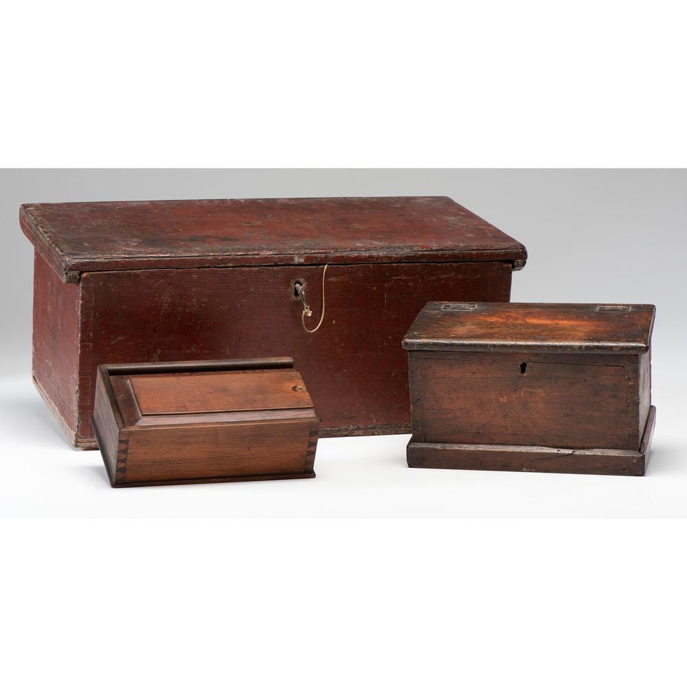 Three Lidded Dovetailed Wooden Boxes: Three Lidded Dovetailed Wooden Boxes 19th Century Height of largest 9 x width 19 1/2 x depth 10 1/2 inches. Provenance: Property from the Collection of Judith & Gary Gay, Morrow, Ohio