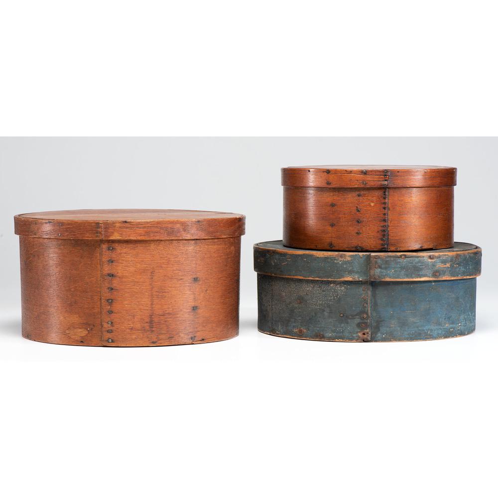 Three Round Bentwood Pantry Boxes: Three Round Bentwood Pantry Boxes 19th Century including one blue-painted box. Height 8 x width 15 1/2 x depth 15 inches. Provenance: Property from the Collection of Judith & Gary Gay, Morrow, Ohio