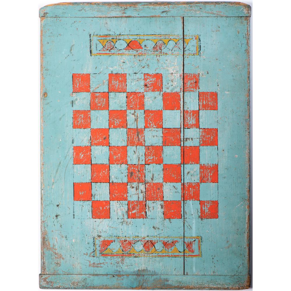 A Blue and Red-Painted Pine Gameboard: A Blue and Red-Painted Pine Gameboard 19th Century Length 19 1/2 x width 14 1/2 inches.