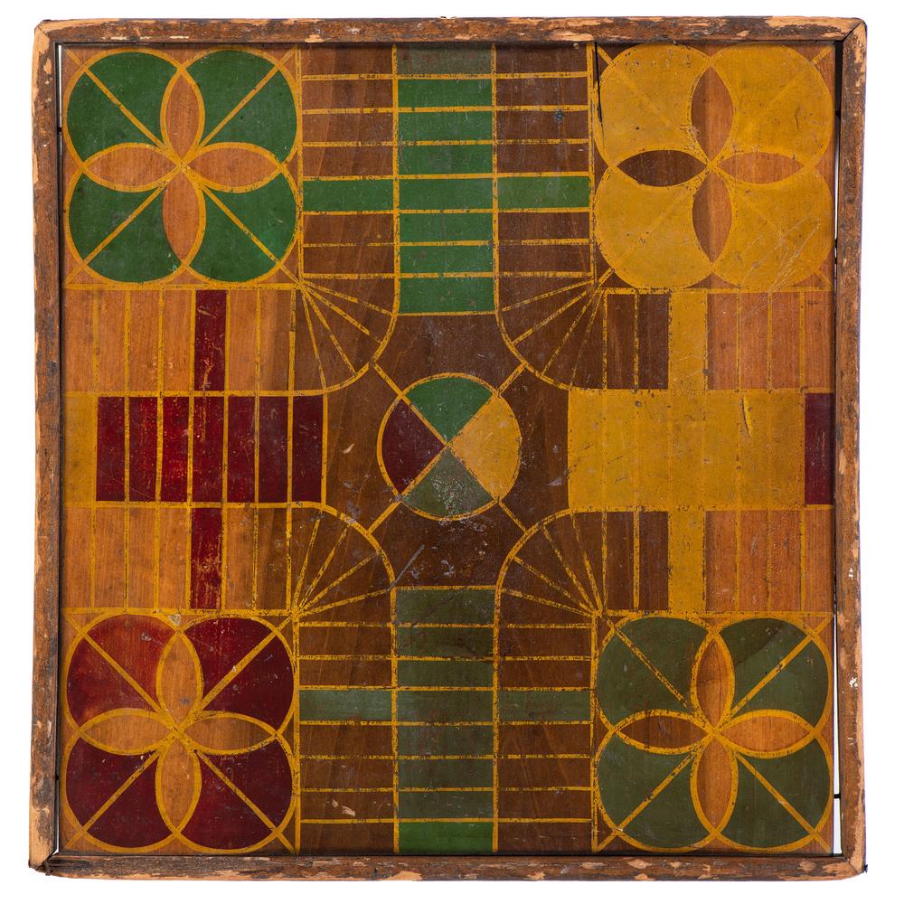 A Two-Sided Painted Wood Gameboard: A Two-Sided Painted Wood Gameboard 19th Century with checkers and parcheesi. Length 16 7/8 x width 16 1/4 inches.