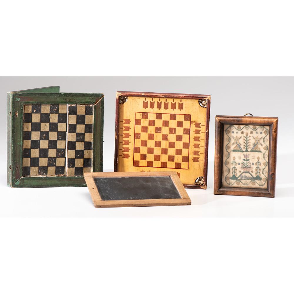 Two Miniature Game Boards: Two Miniature Game Boards 19th/20th Century together with a miniature sampler and miniature chalk board. Height of largest 7 x width 7 inches.