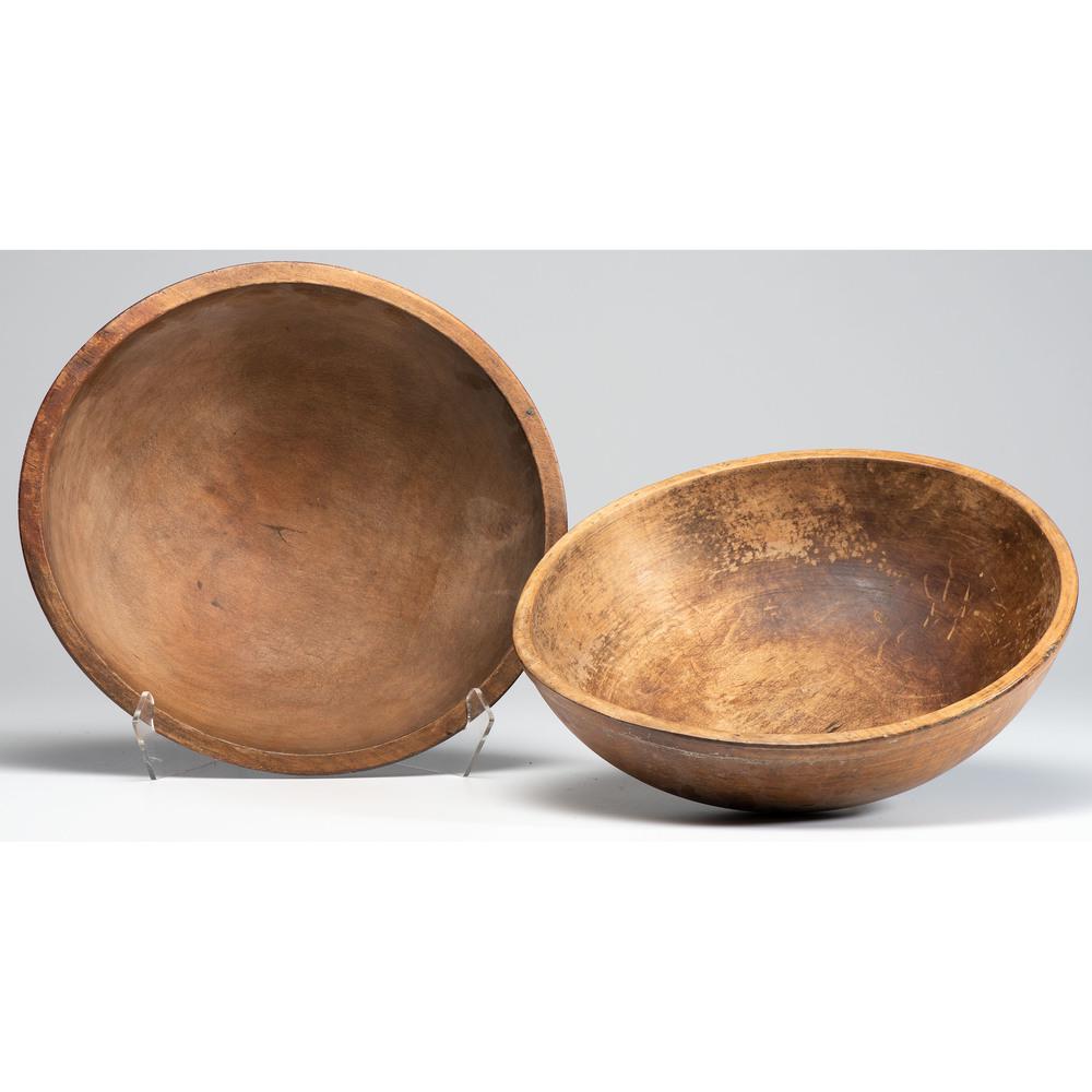 Two Large Treenware Bowls with Tooled Rims: Two Large Treenware Bowls with Tooled Rims 19th Century Height of larger 7 inches x diameter 19 3/4 inches. Provenance: Property from the Collection of Judith & Gary Gay, Morrow, Ohio