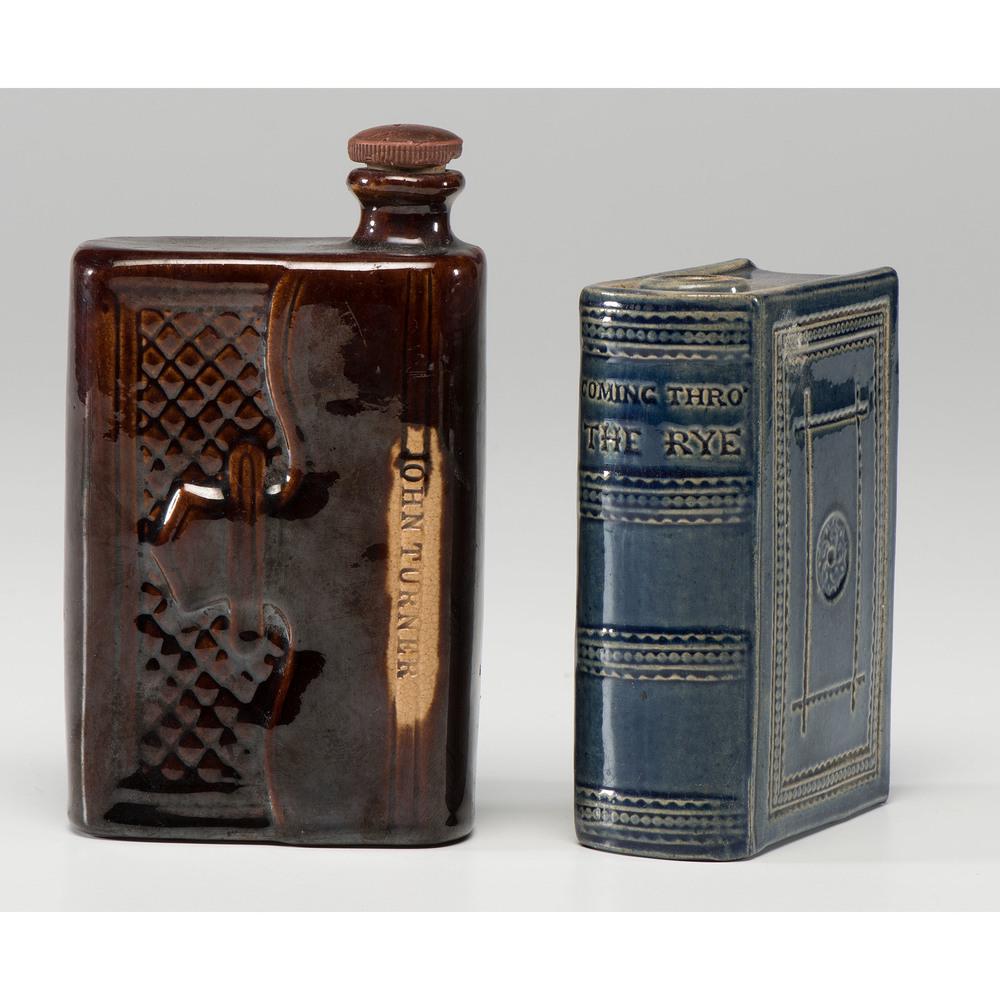 Two Ceramic Book Flasks: Two Ceramic Book Flasks Late 19th Century one example titled Coming Thro' the Rye, likely from United States Pottery Co. of Bennington, VT, and the other stamped John Turner. Height of larger 6 1/4