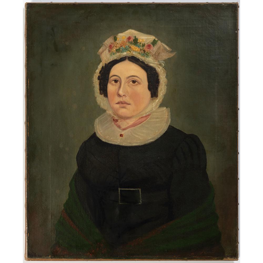 An American School Portrait, 19th Century: An American School Portrait, 19th Century Portrait of a Woman with Bonnet oil on canvas, unframed 30 x 25 inches. Provenance: Property from the Collection of Judith & Gary Gay, Morrow, Ohio