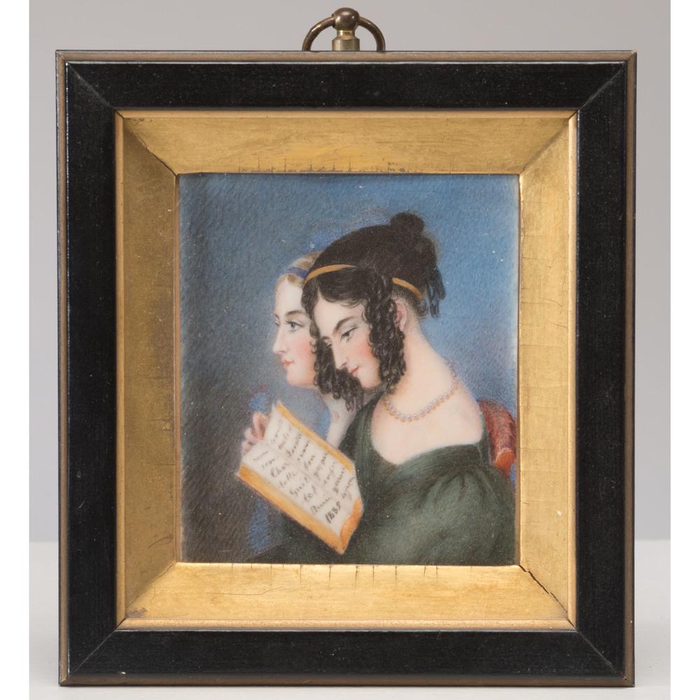 A Miniature Portrait of Two Young Women: A Miniature Portrait of Two Young Women Circa 1835 on ivory. dated on book. 5 x 4 1/2 inches. Provenance: Property from the Collection of Judith & Gary Gay, Morrow, Ohio