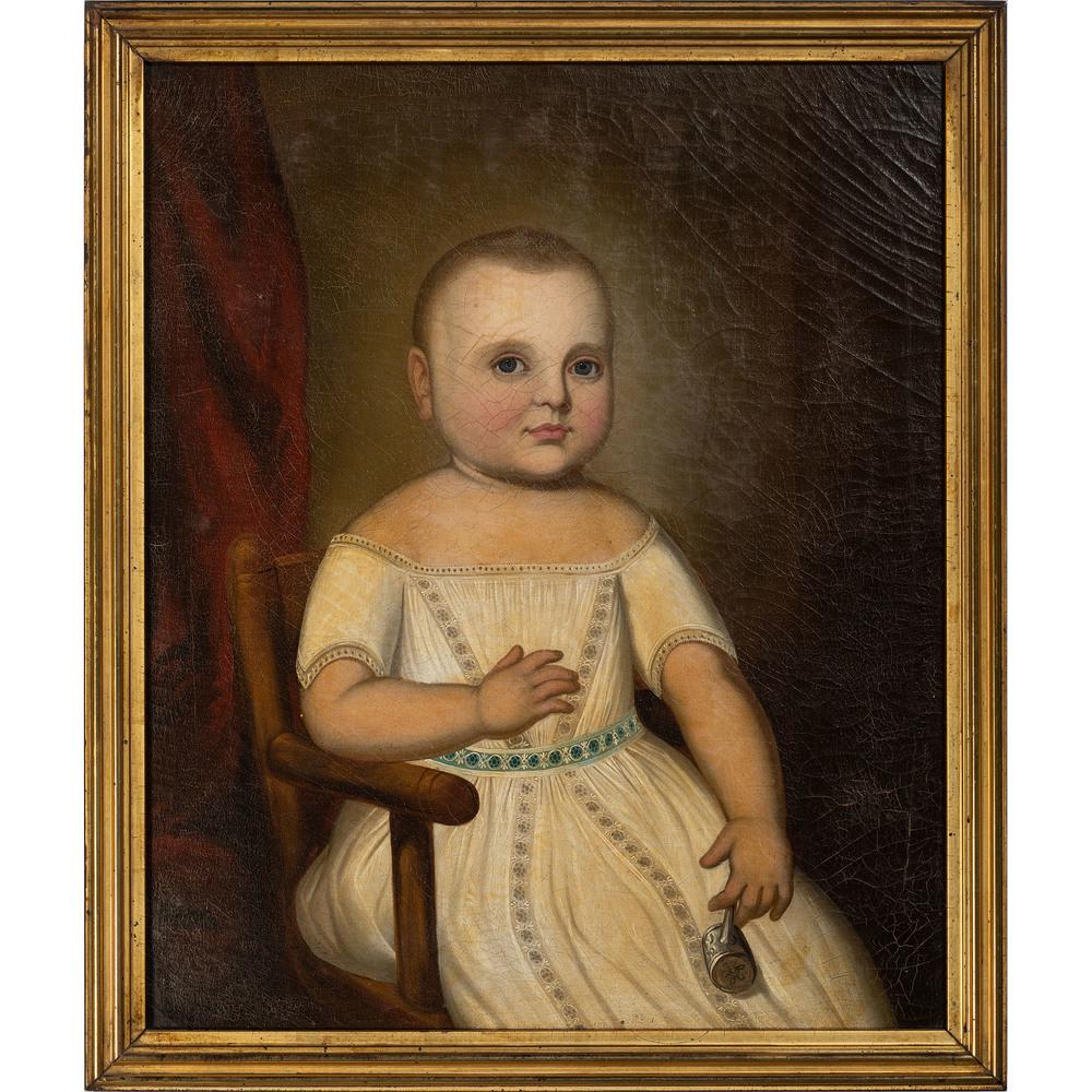 An American School Folk Art Portrait, 19th Century: An American School Folk Art Portrait, 19th Century Portrait of a Child oil on canvas, framed 23 1/2 x 19 1/2 inches. Provenance: Property from the Collection of Judith & Gary Gay, Morrow, Ohio