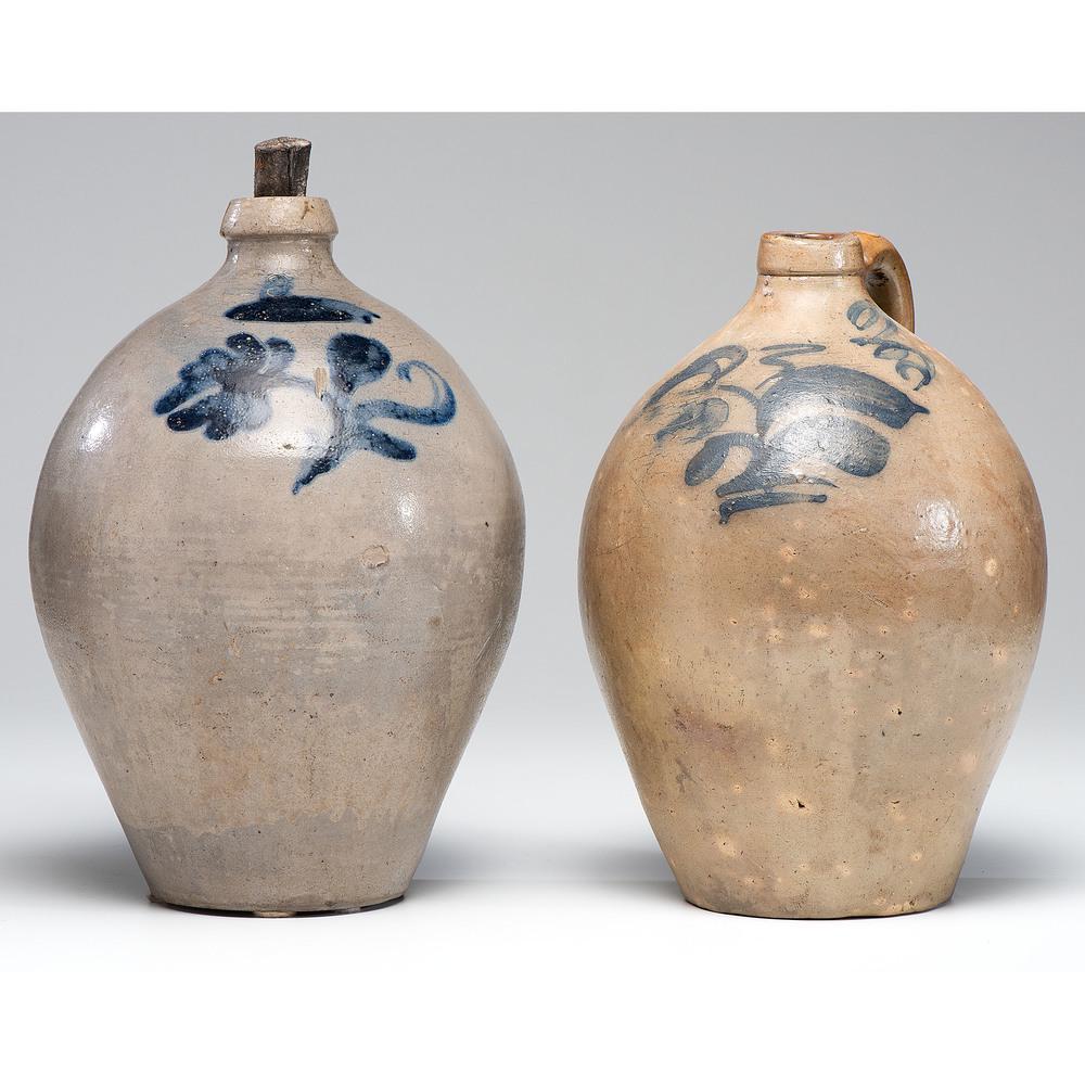Two Cobalt-Decorated Three-Gallon Stoneware Jugs: Two Cobalt-Decorated Three-Gallon Stoneware Jugs 19th Century one marked I.M. Mead Co. Height of larger 16 x width 11 inches. Provenance: Property from the Collection of Judith & Gary Gay, Morrow, Ohi