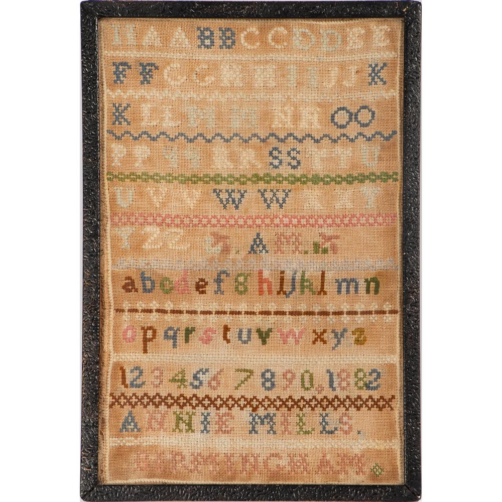 Two Needlework Alphabet Samplers: Two Needlework Alphabet Samplers 19th Century together with an embroidered family tree. Largest 15 1/2 x 19 1/2 inches. Provenance: Property from the Collection of Judith & Gary Gay, Morrow, Ohio