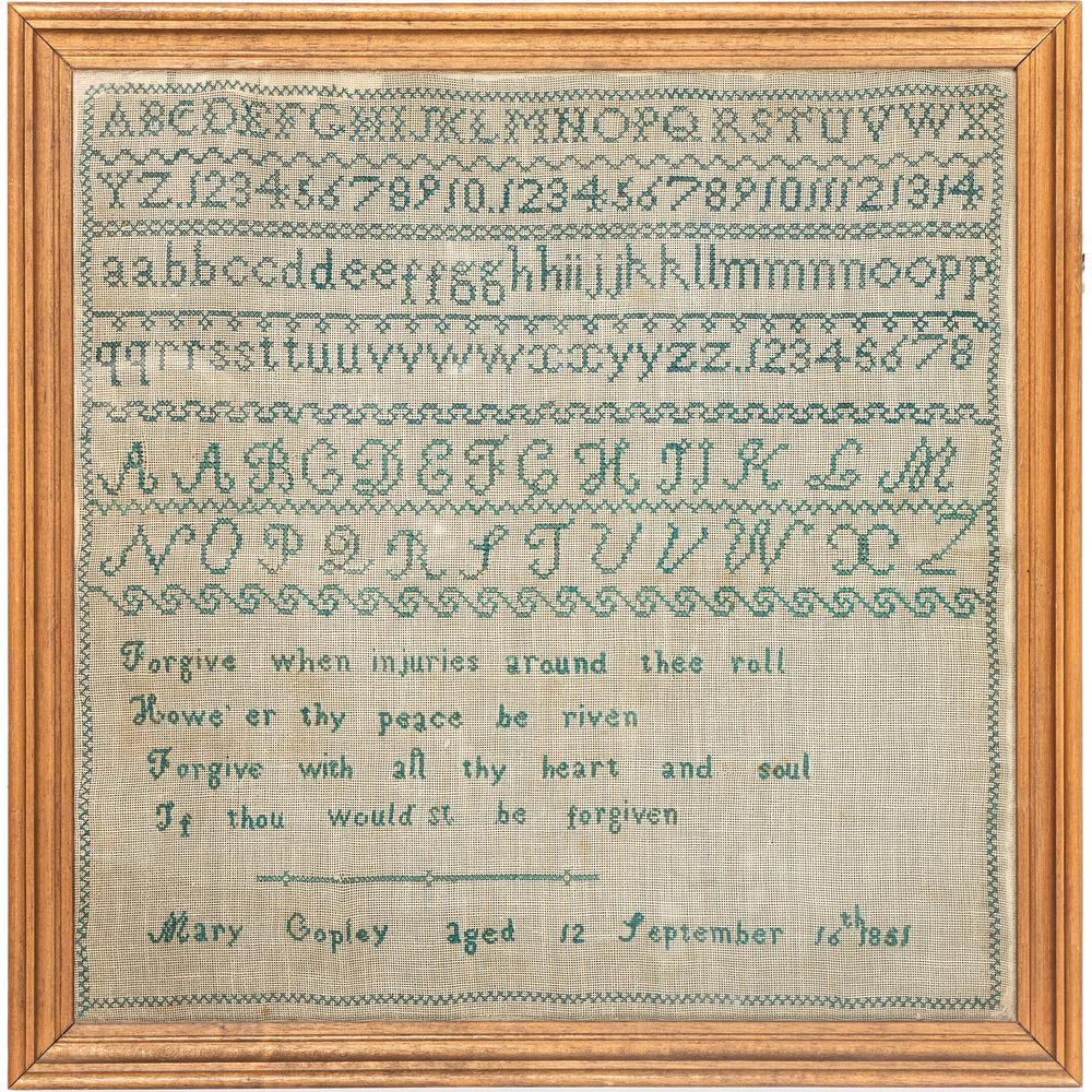 Three Alphabet and Verse Needlework Samplers: Three Alphabet and Verse Needlework Samplers 19th Century signed and dated Mary Copley 1851, Amelia Susanna Alderton 1841, and Sarah Carpenter 1825. Largest 19 1/4 x 7 1/4 inches. Provenance: Proper
